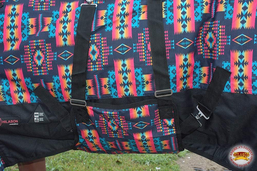 Hilason 72 inch turnout blanket detailed view of the cross surcingle belly wrap protection system.