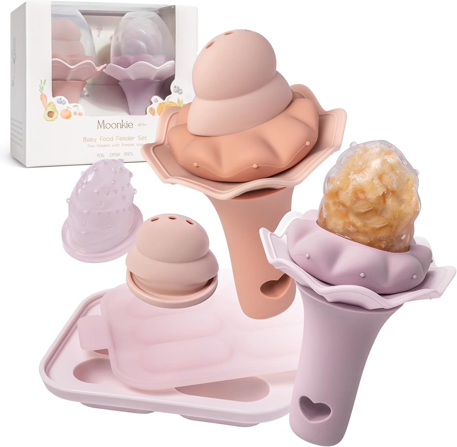 Moonkie baby fruit feeder and freezer tray set in muted mauve