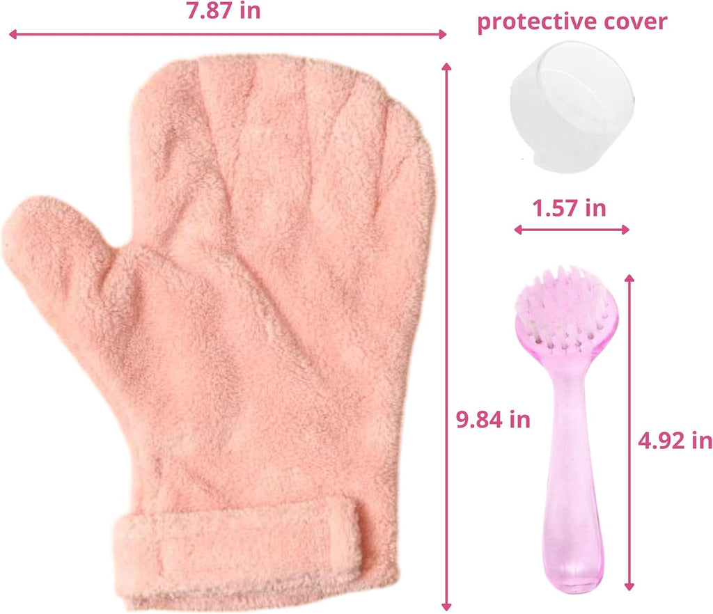 Pink coral fleece anti-bite pet handling glove showing the secure adjustable wrist strap.