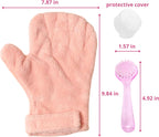 Pink coral fleece anti-bite pet handling glove showing the secure adjustable wrist strap.