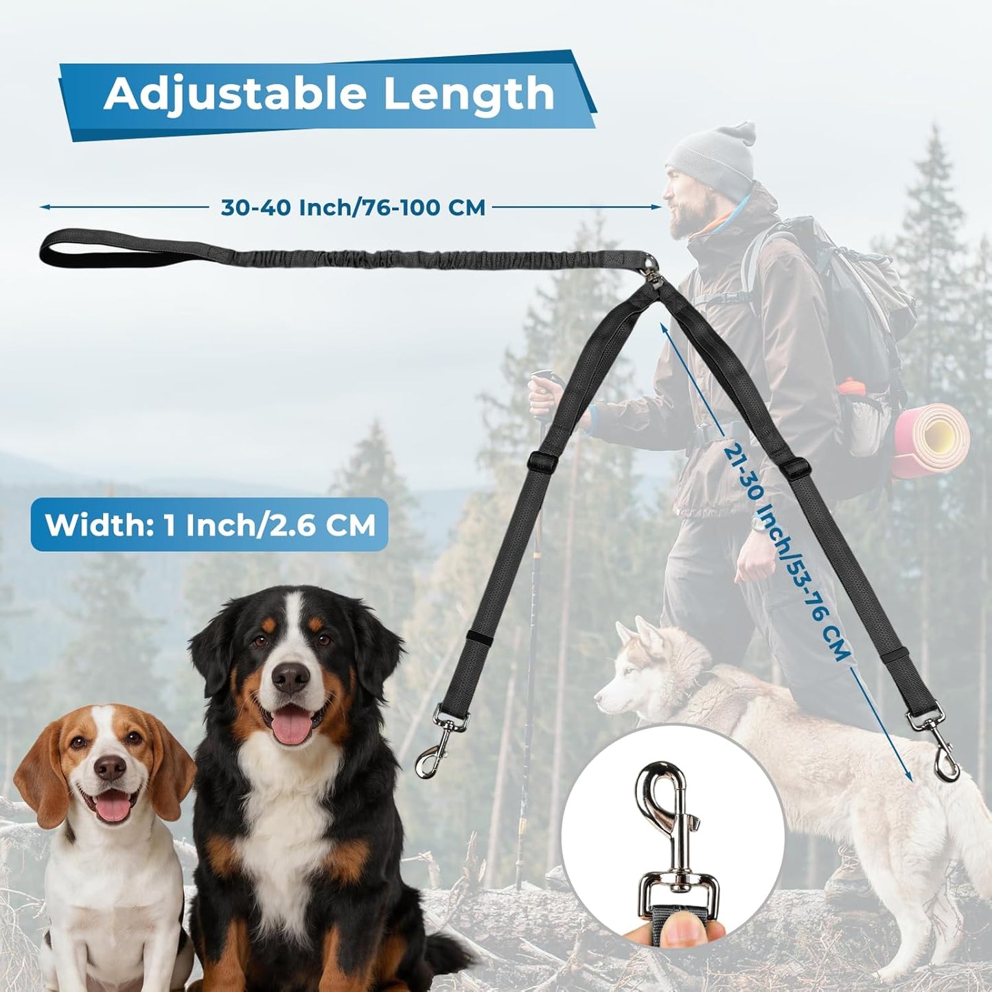 Sucegi no tangle dual dog walking lead laying flat to display entire hardware assembly.