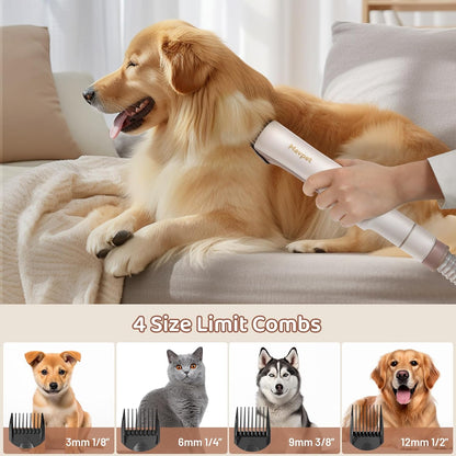 Six in one pet grooming tool attachments laid out next to the main vacuum unit.
