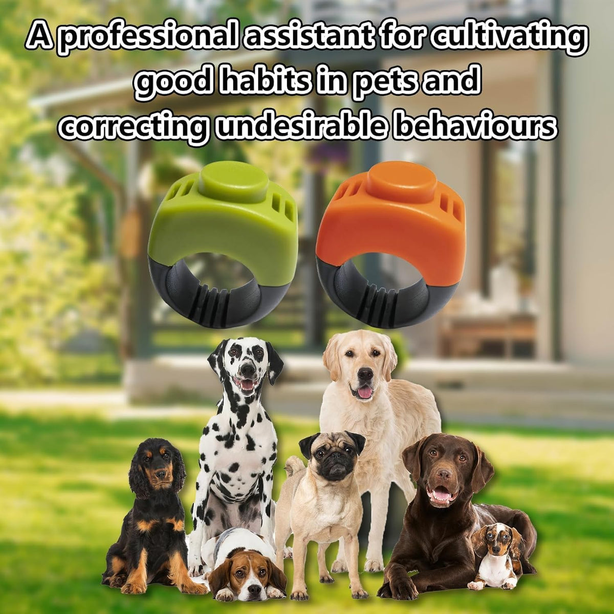 Generic positive reinforcement pet clicker rings packaging contents for cat and puppy obedience training.