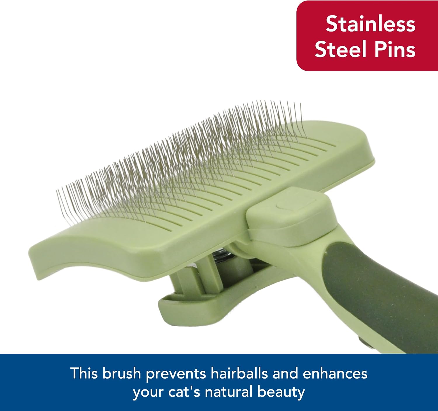 Retracted stainless steel pins showing easy clean feature of Coastal pet brush.