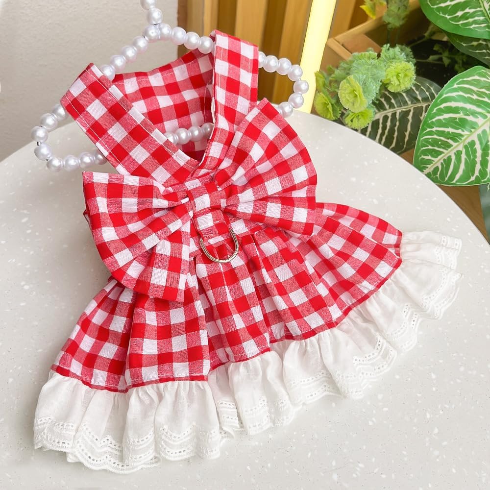 Sleeveless checkered dog dress with large red bow and lace hem back view
