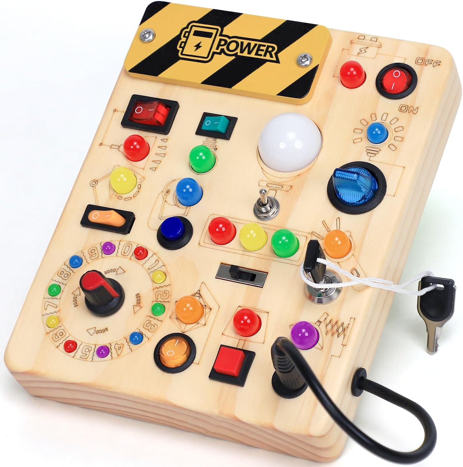 HarVow wooden busy board with LED light switches front view interactive Montessori toddler sensory toy