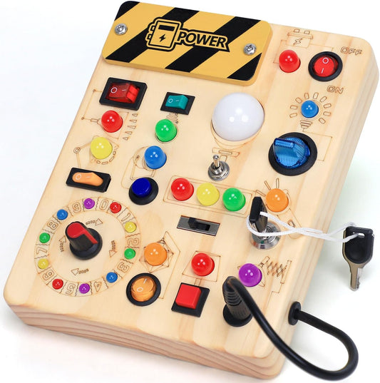 HarVow wooden busy board with LED light switches front view interactive Montessori toddler sensory toy