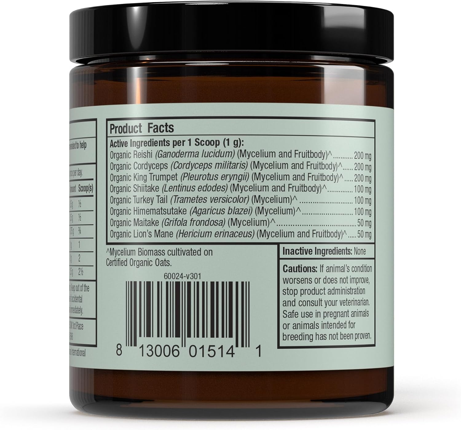 Dr. Mercola organic mushroom powder for cats and dogs supplement label details showing USDA Organic logo.