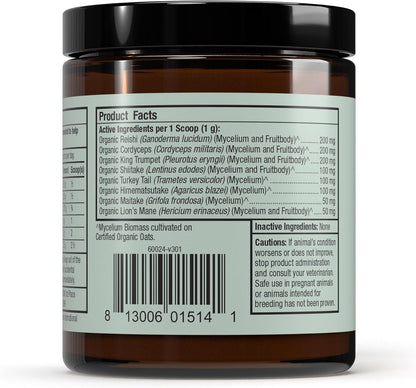 Dr. Mercola organic mushroom powder for cats and dogs supplement label details showing USDA Organic logo.