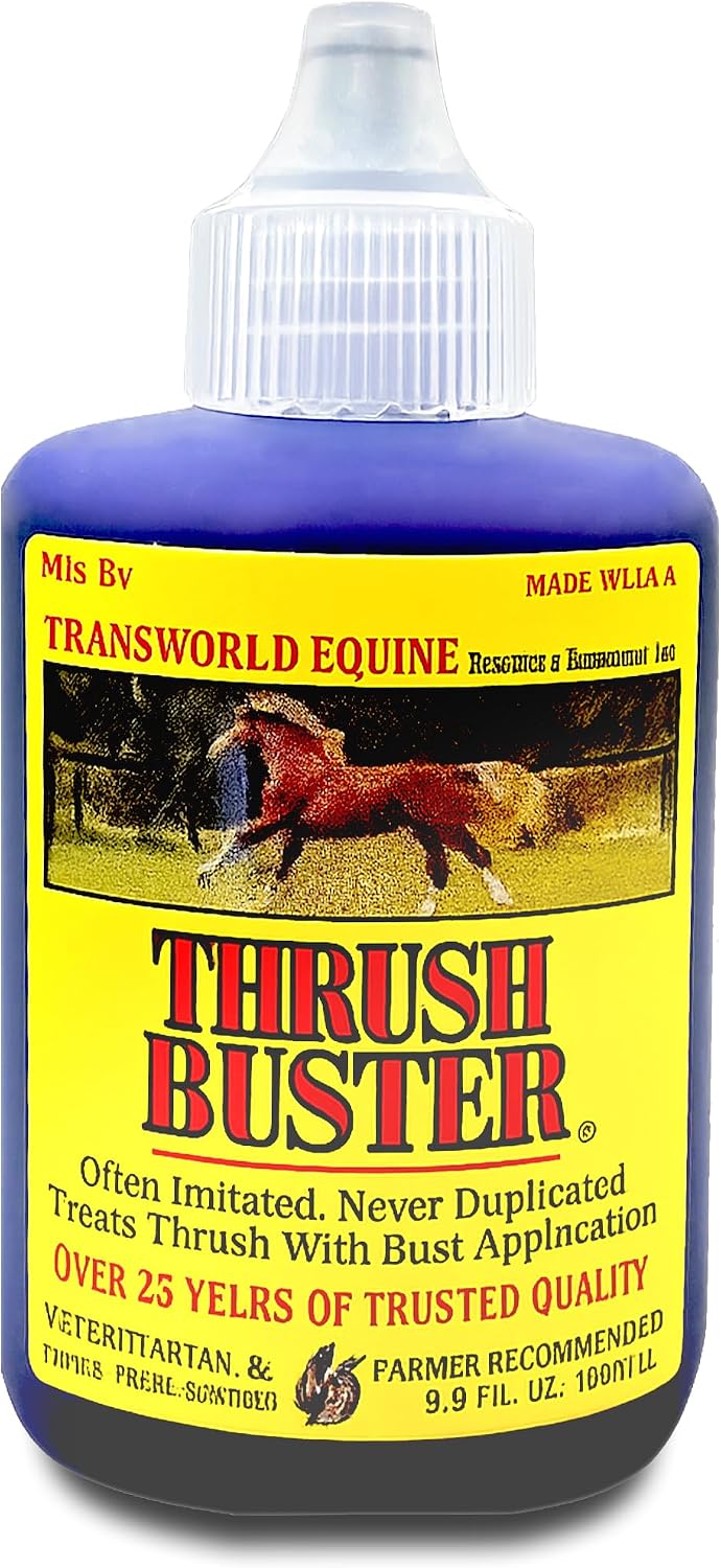 Thrush Buster equine hoof care liquid front view showing two ounce bottle packaging