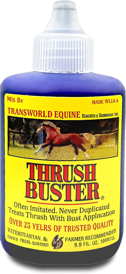 Thrush Buster equine hoof care liquid front view showing two ounce bottle packaging