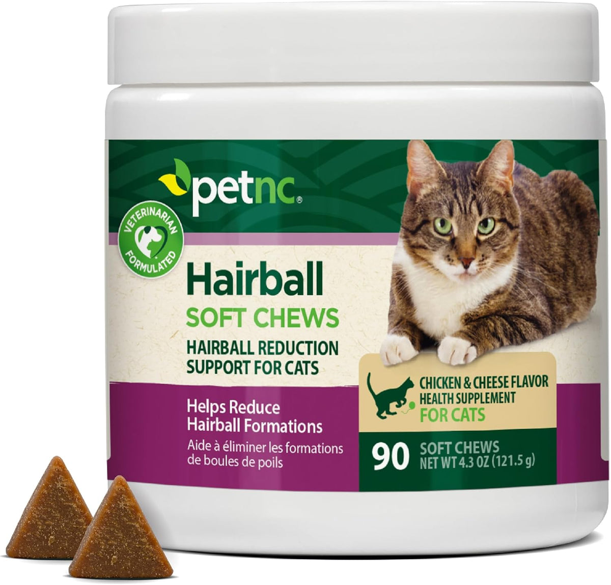 PetNC Natural Care hairball soft chews front view container packaging