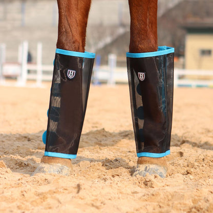 Side angle view of the tear resistant horsefly protection boots for pasture turnout.