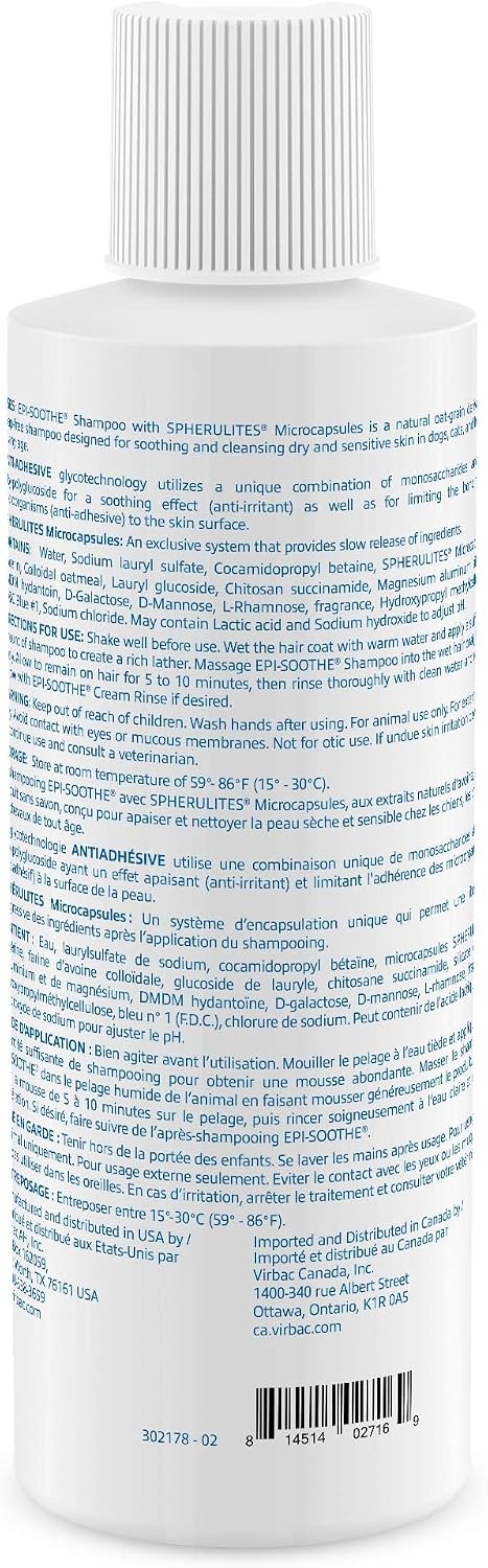Side view of Virbac Epi-Soothe shampoo for dogs cats and horses