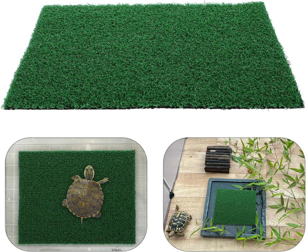 Yardwe durable simulation grass mat being trimmed for a custom reptile enclosure.