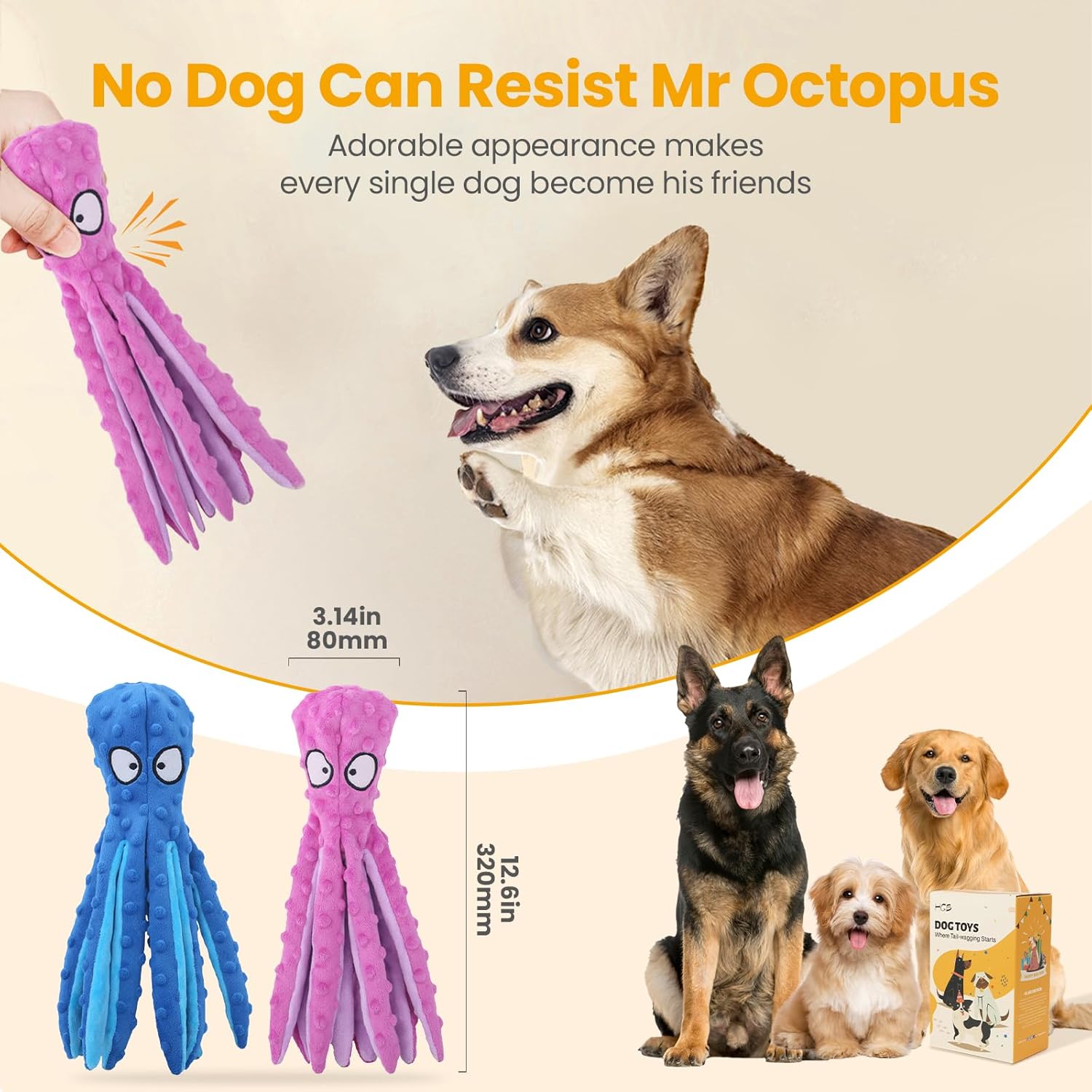 HGB interactive octopus puppy chew toy close up details