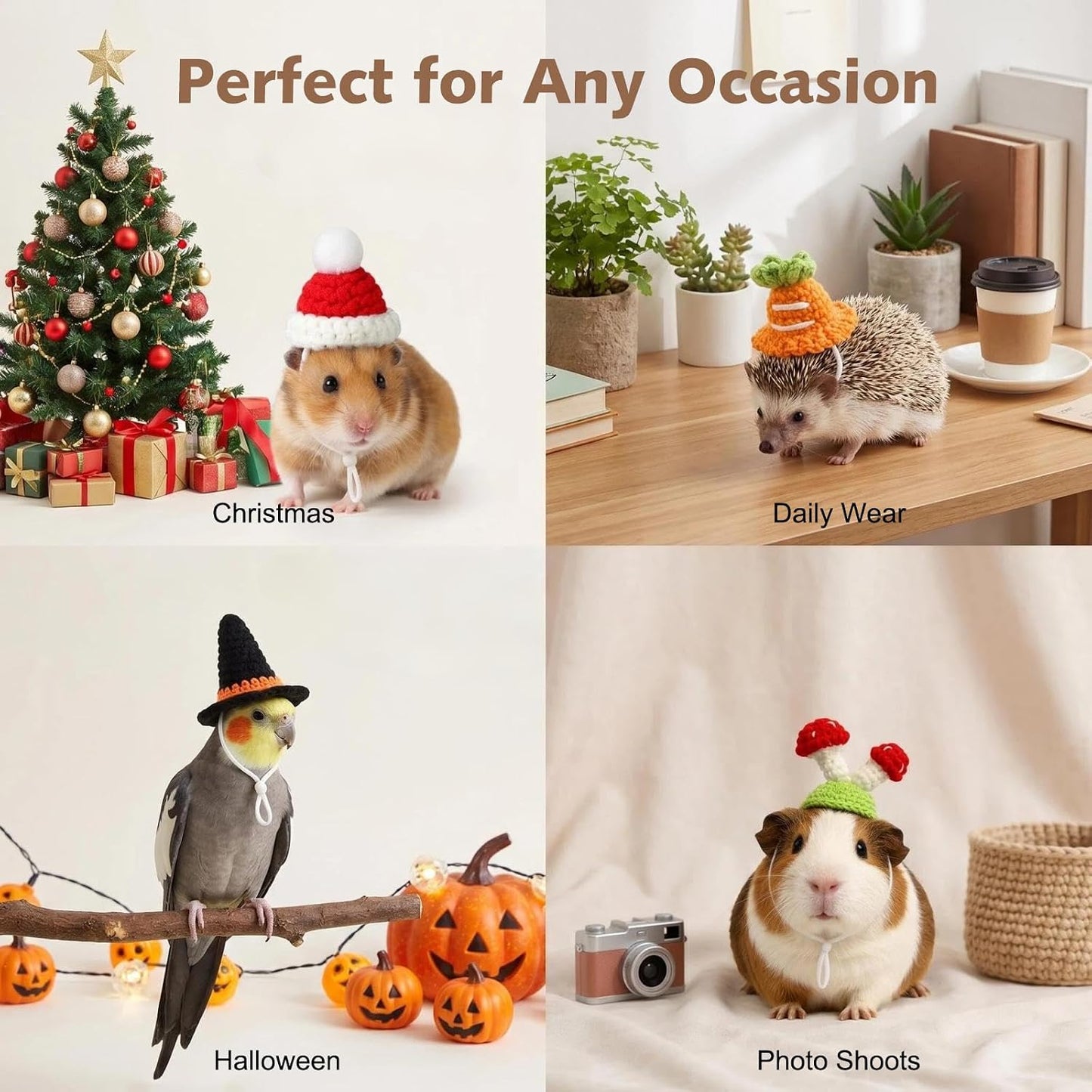 Assorted tiny animal hats including frog and holiday designs for small pet photography.