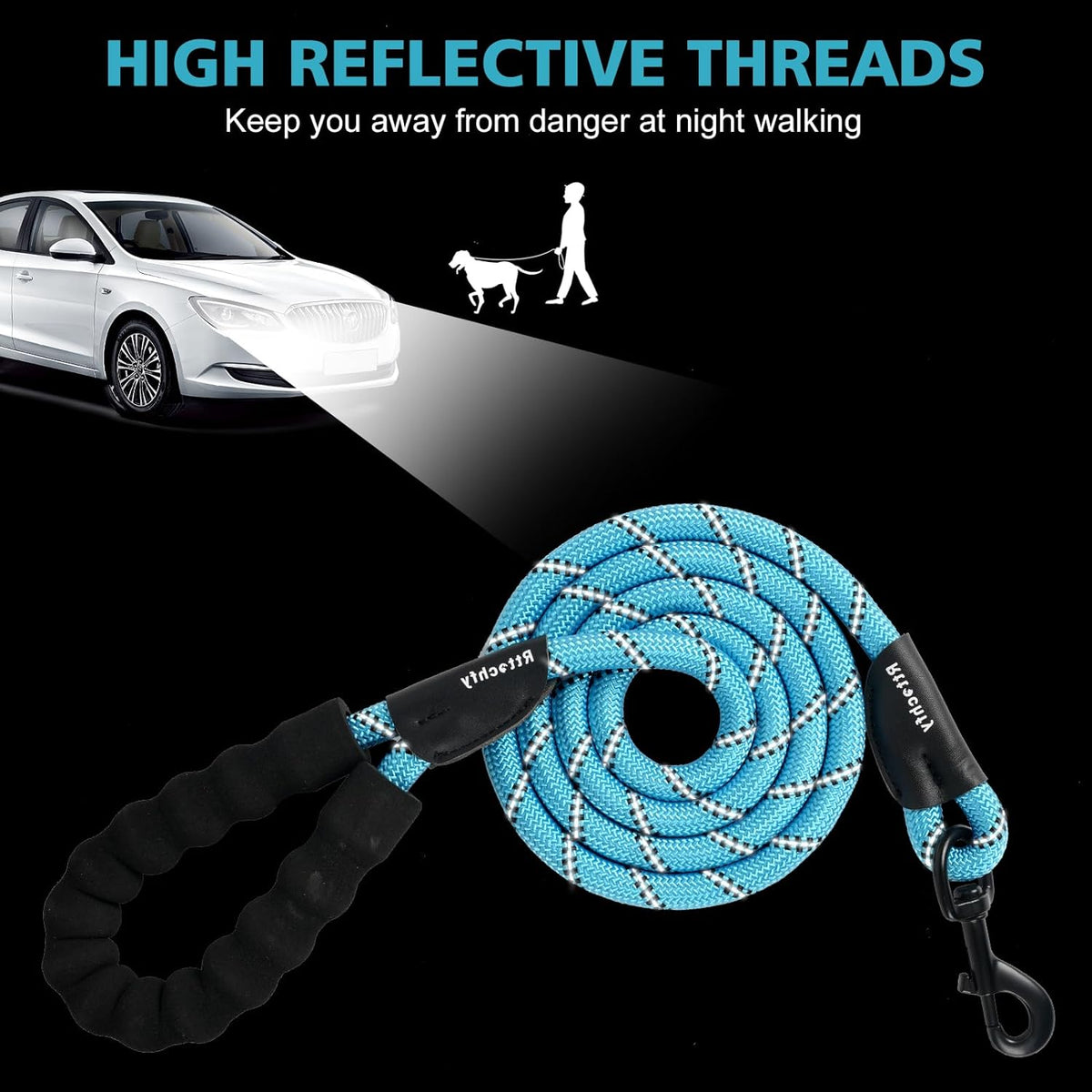 Blue climbing rope dog leash with metal swivel hook attached