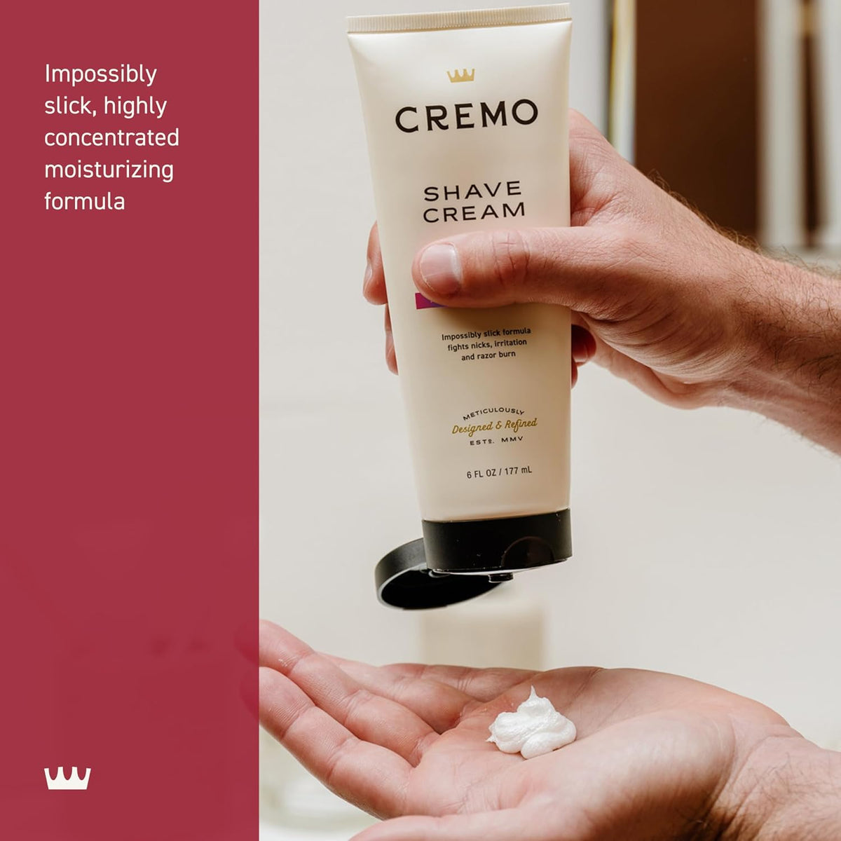 Six fluid ounce Cremo shaving cream tube for men showing ingredients list