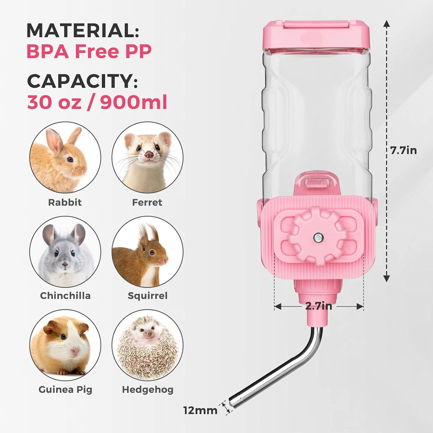Vannon Small Animal Water Dispenser for Cage, 30oz Auto Feeding Crate Water Bottle for Rabbit, Chinchilla, Ferret, Guinea Pig, Squirrel, Hedgehog, Pet Nozzle Diameter: 10mm, BPA Free, Pink - Image 6