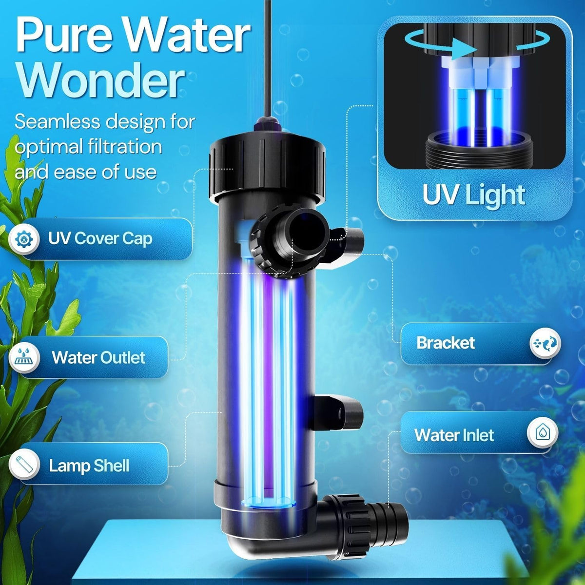 Flexzion 9W pond UV light inlet and outlet nozzles