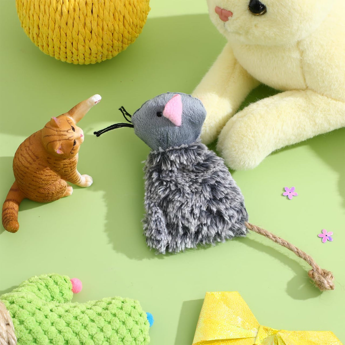 Hemoton Plush Mouse Cat Toys back view emphasizing the long cotton rope tail for hunting practice.