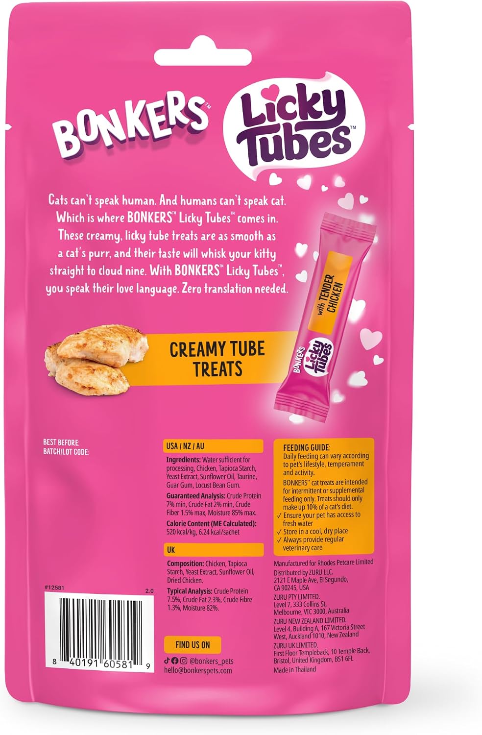 Bonkers Licky Tubes Chicken Flavored Wet Lickable Treats for Cats, 4 Pack (Pack of 15) - Image 9