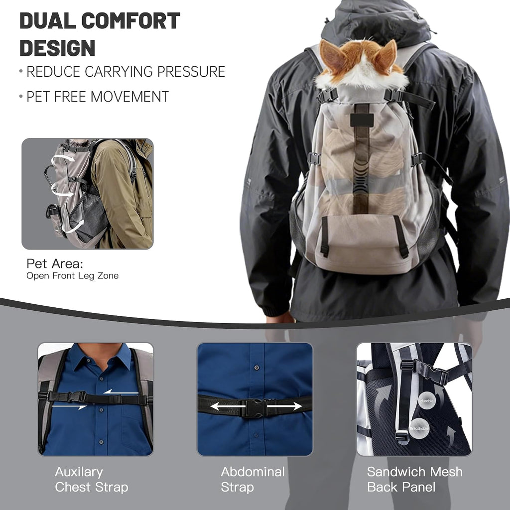 TOPDADA hiking bag for dogs showing waterproof base and zippered storage pockets