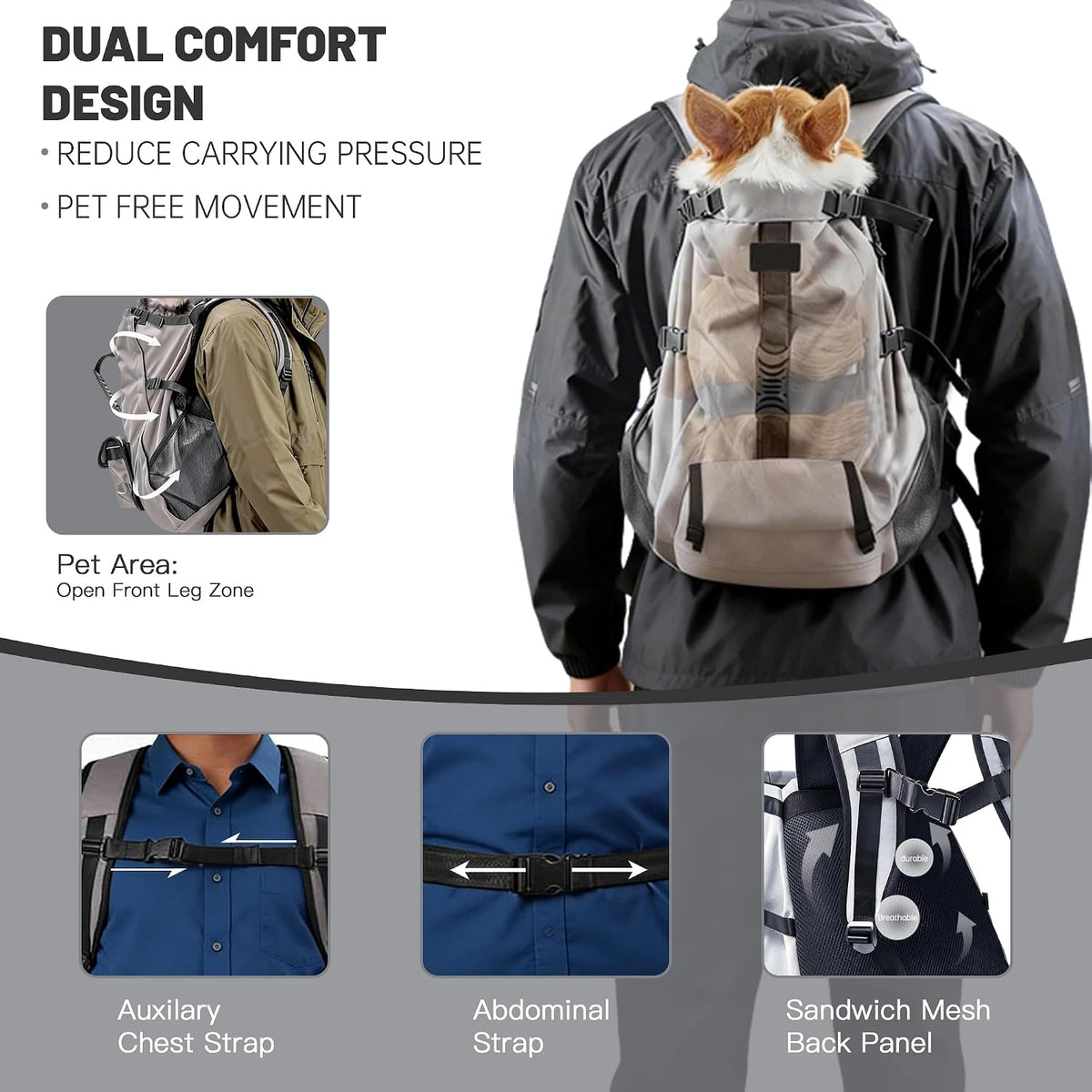 TOPDADA hiking bag for dogs showing waterproof base and zippered storage pockets