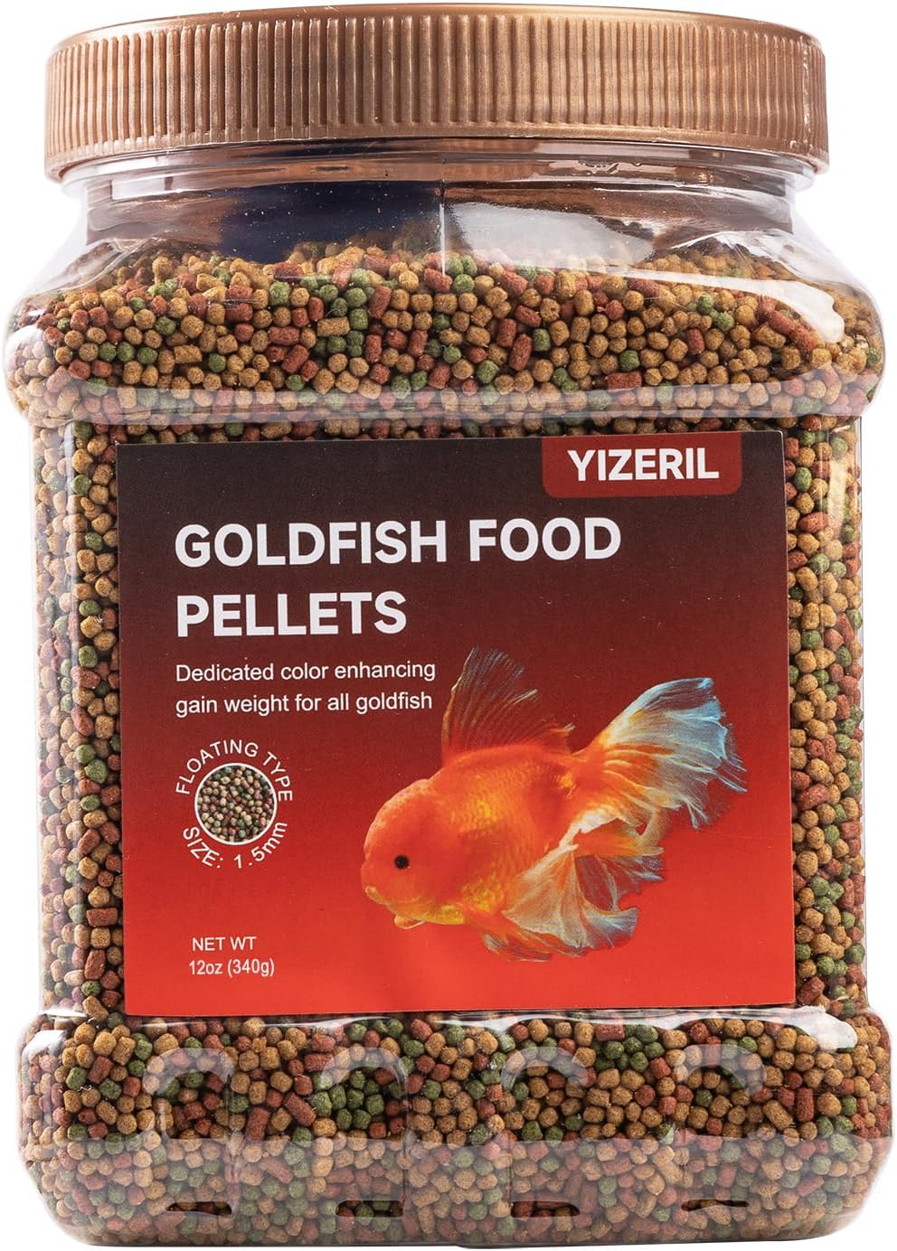 Yizeril floating goldfish food pellets twelve ounce jar front view