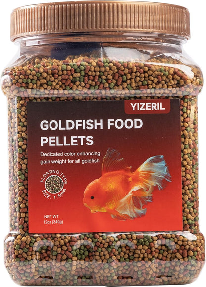 Yizeril floating goldfish food pellets twelve ounce jar front view