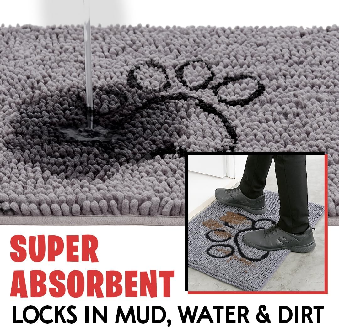 MudGuard Mat pet rug displaying the decorative dark paw print design
