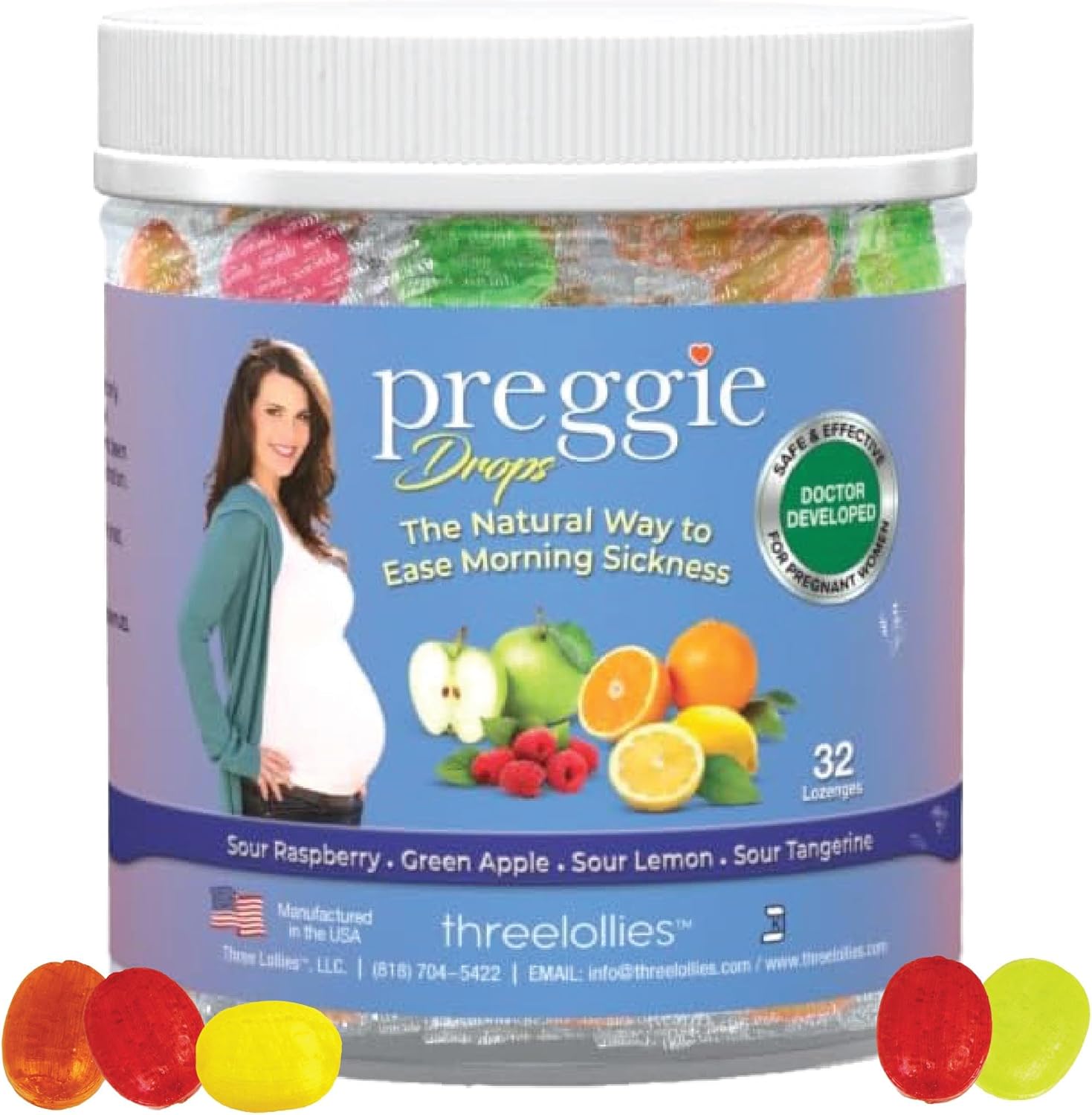 Three Lollies Preggie Pop Drops front packaging showing the thirty two count natural morning sickness relief variety pack.