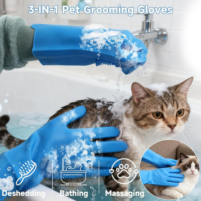 Silicone pet bathing gloves showing three thousand high-density soft scrubbing bristles.