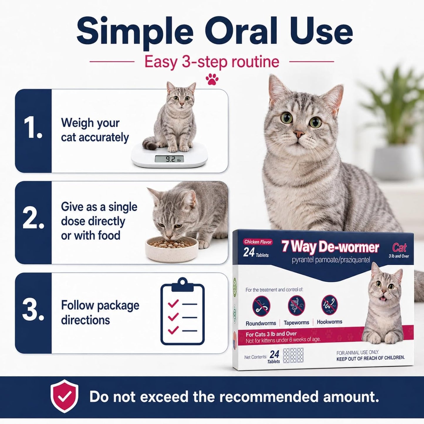 Feline broad spectrum parasite control tablets for cats three pounds and over