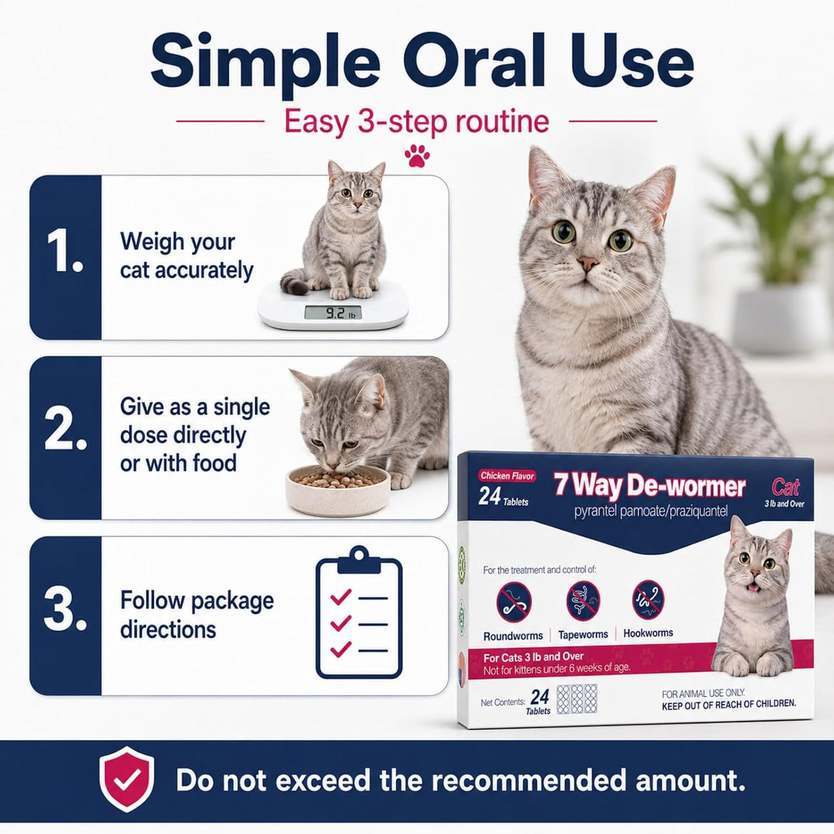 Feline broad spectrum parasite control tablets for cats three pounds and over