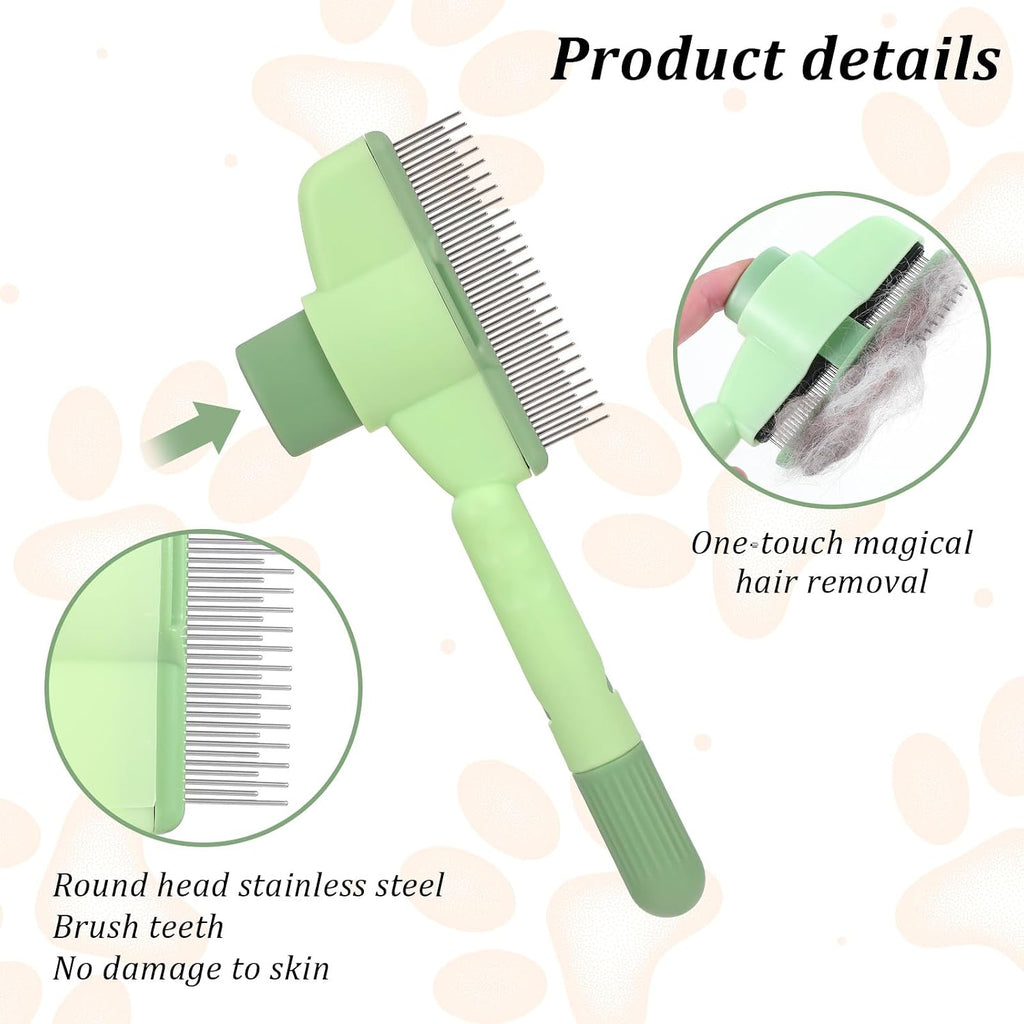 Close up view of the fine stainless steel bristles on the Oruola self cleaning cat hair brush.