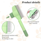 Close up view of the fine stainless steel bristles on the Oruola self cleaning cat hair brush.