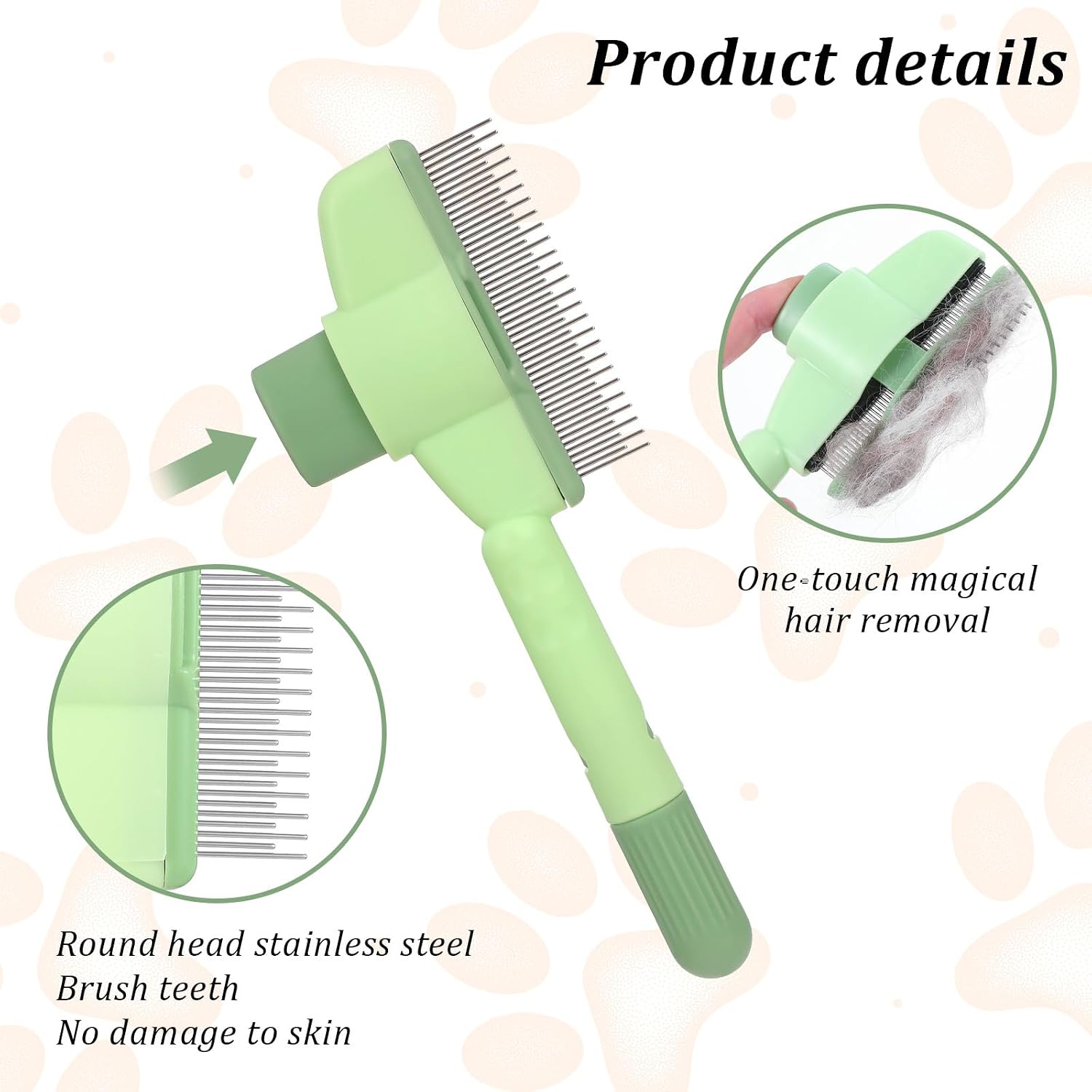 Close up view of the fine stainless steel bristles on the Oruola self cleaning cat hair brush.