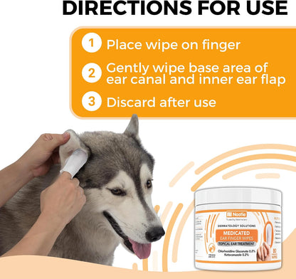 Single Nootie finger wipe placed on an index finger for mess free pet ear cleaning.