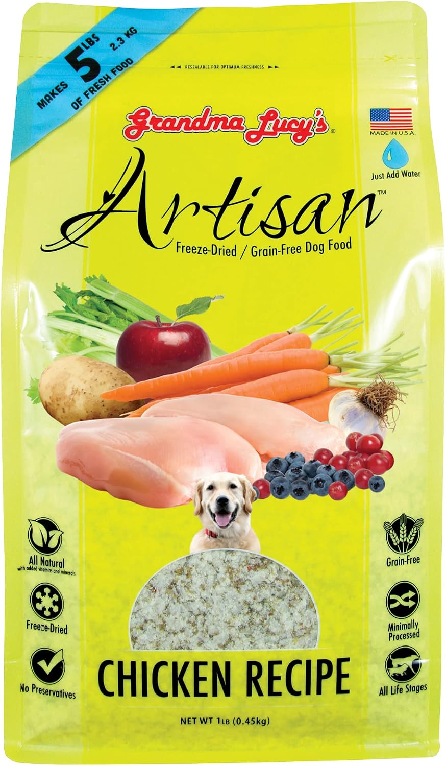 Shelf stable packaging of Grandma Lucy's USA imported health food for dogs with sensitive digestion.