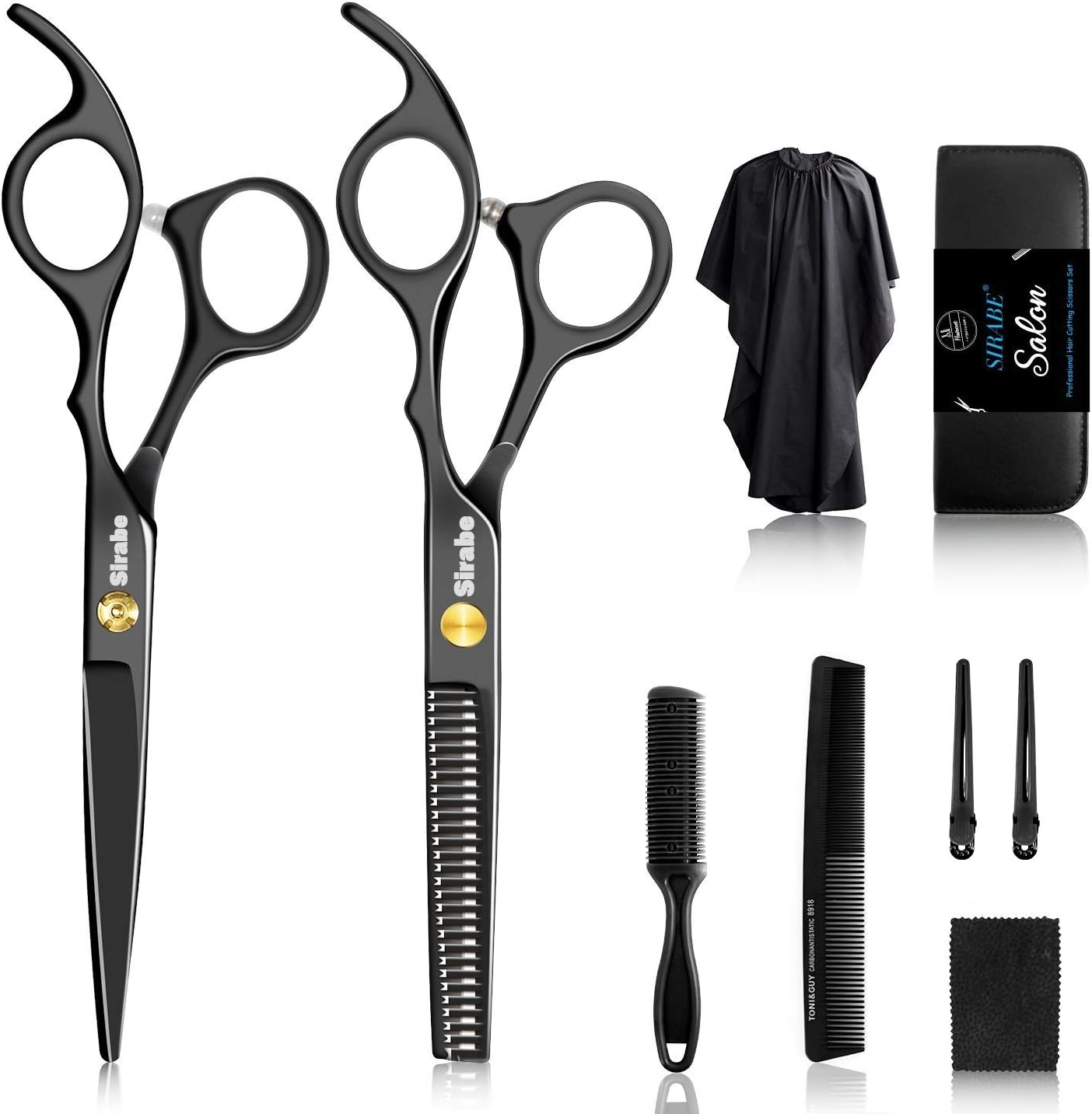Sirabe 10 Piece Hair Cutting Scissors Set front view showing black matte shears and accessories