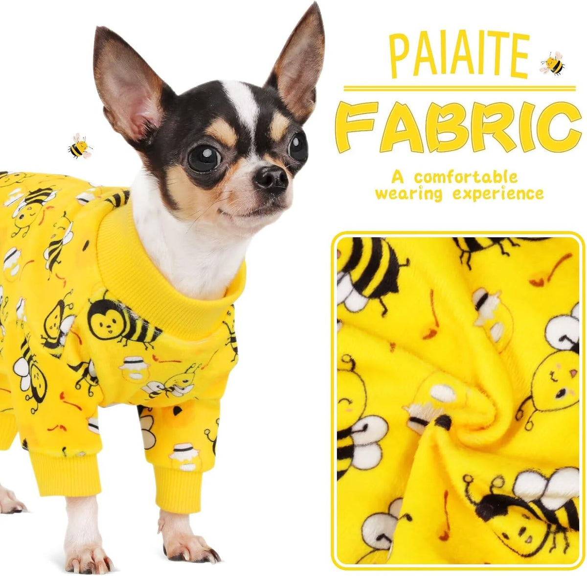 Medium sized dog sleeping comfortably while wearing the breathable Paiaite bee theme pajamas.