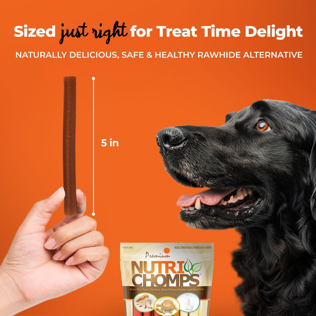 Nutri Chomps raw ingredients breakdown showing pork skin and real chicken recipe highlights.