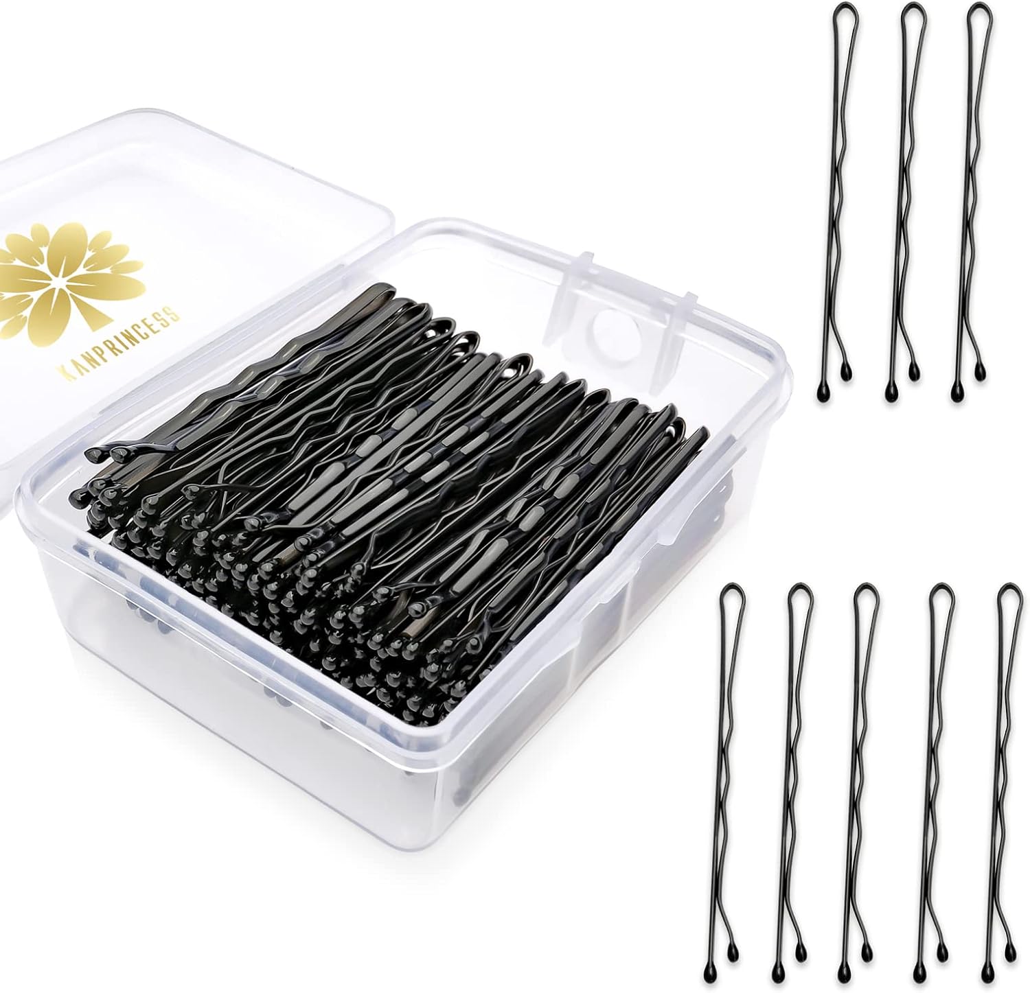 KANPRINCESS two inch black bobby pins kit front view with transparent storage box for salon hairdressing.