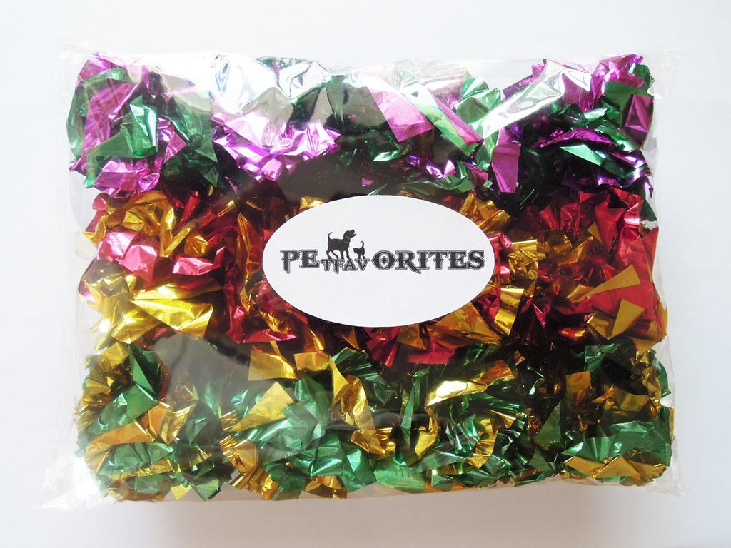PETFAVORITES crinkle cat toys shiny metallic balls in green and purple colors close up view