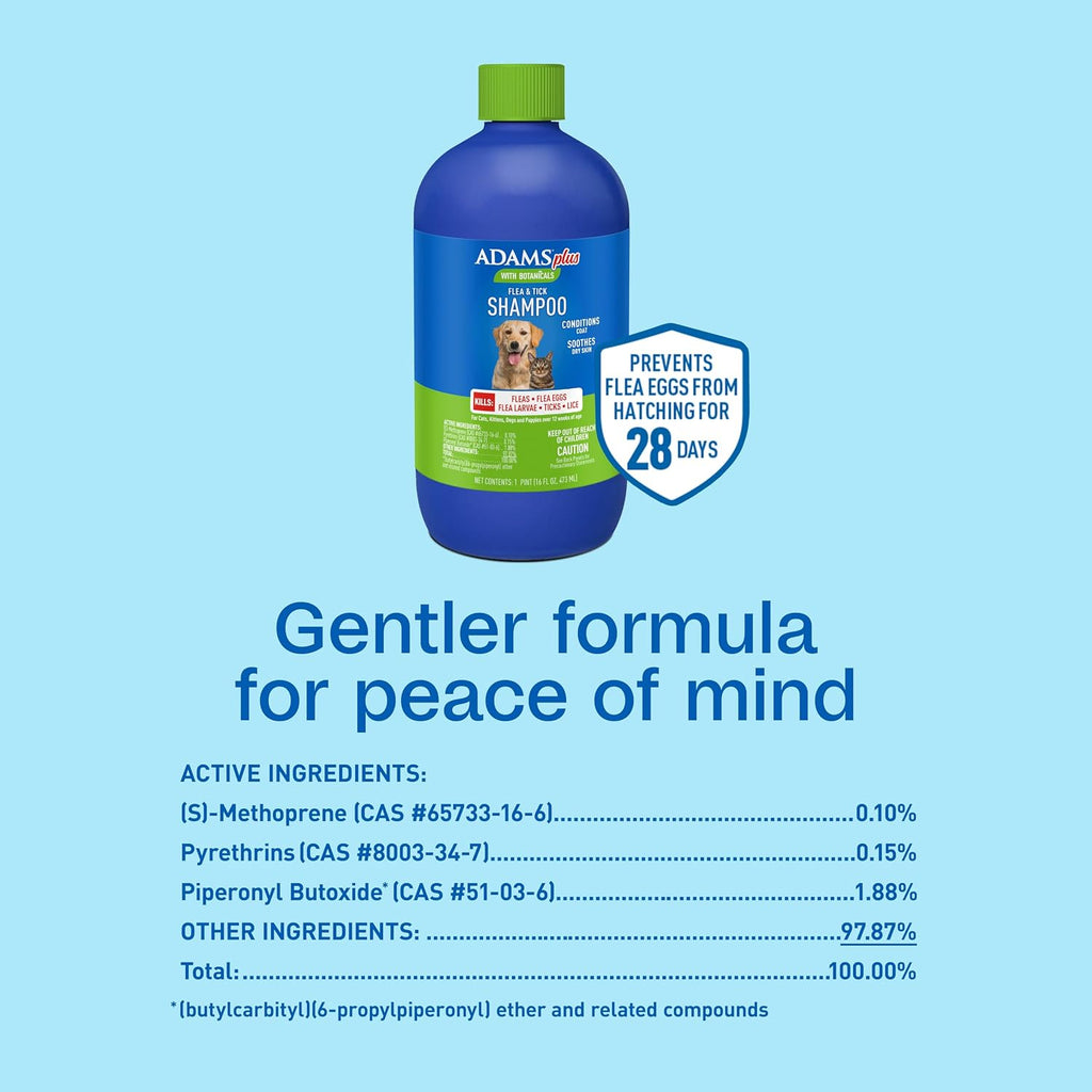 Adams Plus insect growth regulator shampoo bottle standing upright.