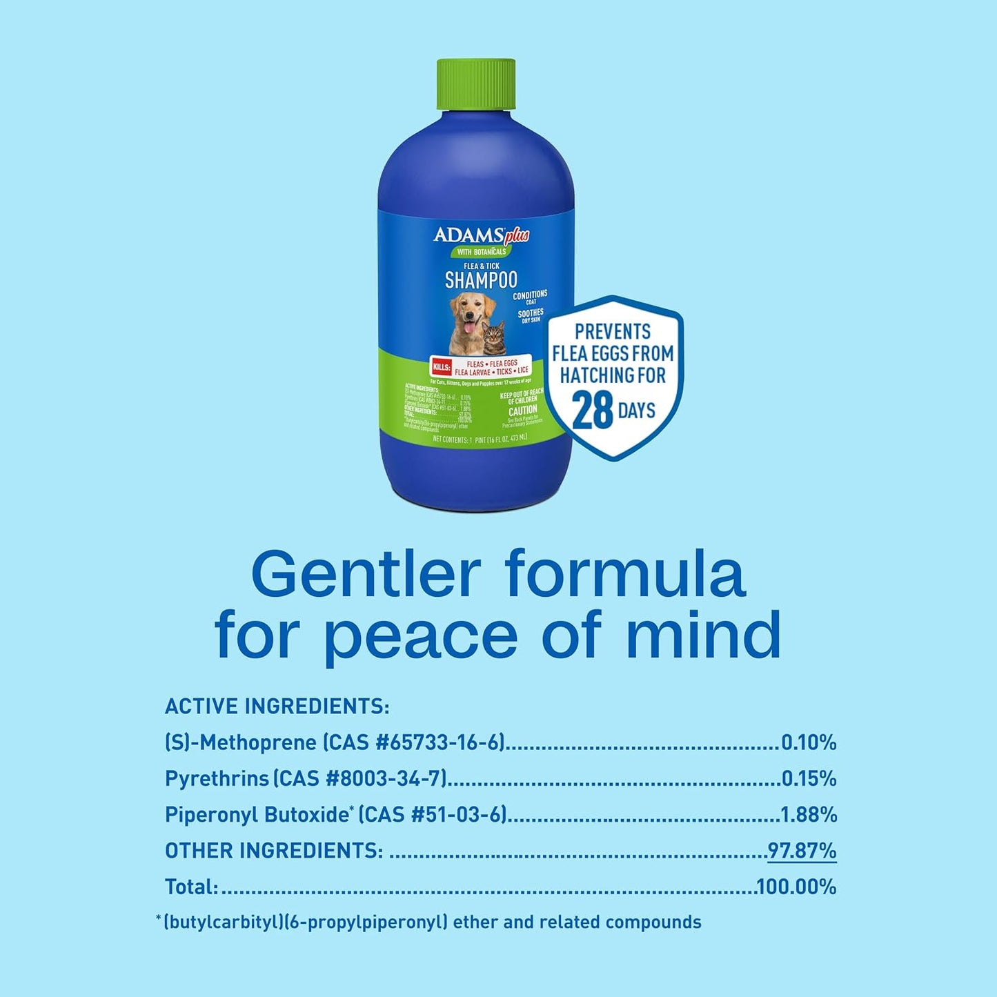 Adams Plus insect growth regulator shampoo bottle standing upright.