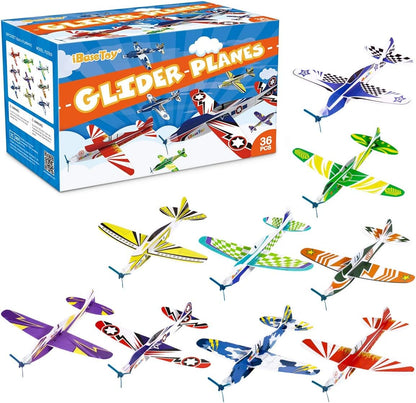 iBaseToy 36 pack glider planes front view showcasing multiple colorful foam airplane designs.