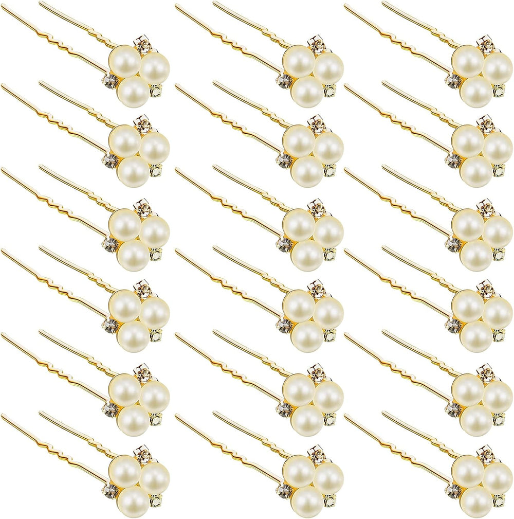 Willbond pearl hair pins front view showing gold finish and rhinestones